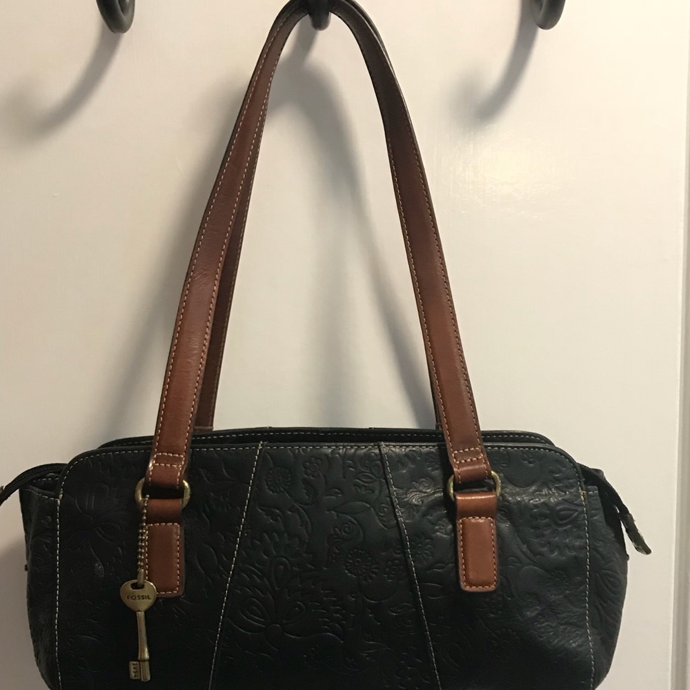 Fossil leather purse, black with brown straps